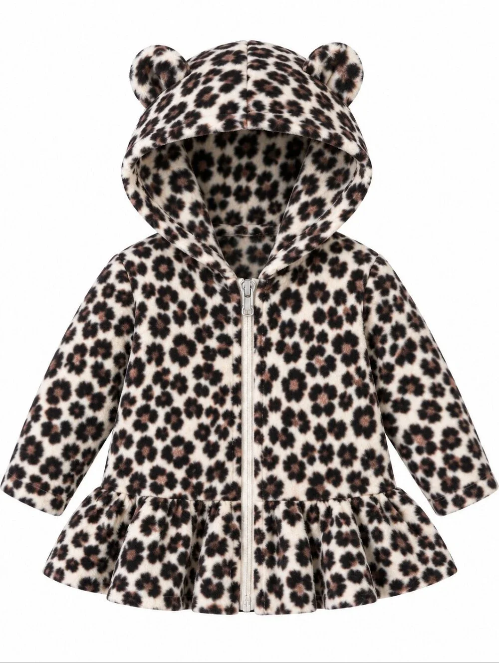 The Children's Place Girls 12-18M Leopard Fleece Hooded Jacket Bear Ears Peplum